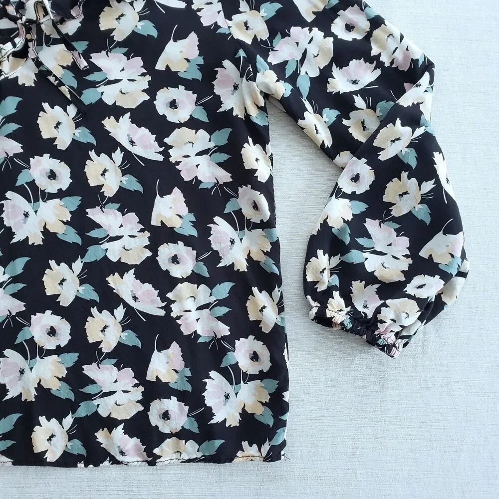 Philosophy Top Womens L Blue Floral Tie Neck Blouse Cottagecore Preppy Boho Twee
